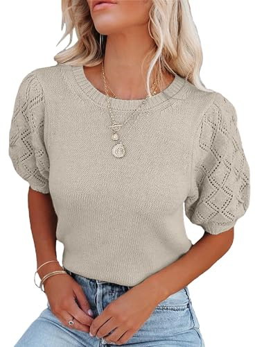 CFLHN Women's Short Sleeve Sweater Tops Lightweight Soft Puff Sleeve Knit Top Dressy Casual, Apricot, XL