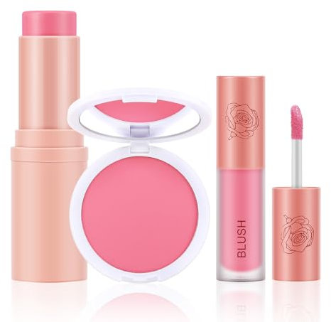 Boobeen 3 Pcs Blush Kit, Blush Poudre, Blush Bâton et Blush Liquide, Blush Crème Léger Longue Durée Multi-Utilisation Maquillage Visage Fusionnable, Mat et Rosé pour Toutes les Peaux