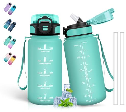 Gourde- 500ml- Gourde Enfant, Gourde avec Paille, Anti-Fuite, Gourde Sport avec Marqueur de Temps, Gourde Motivation pour Garçons&Filles, Bouteille d'eau pour l'École, Voyage, Velo, Camping, Vert