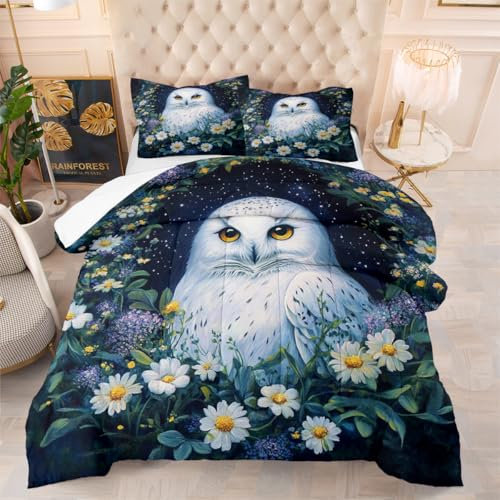 CCoutueChen Bettwäsche-Set mit niedlichem Eulenmotiv, King-Size-Größe, viktorianischer Stil, Vogel-Blumenmuster, leichte Bettdecke für Mädchen, 3-teiliges weiches flauschiges Mikrofaser-Bettwäsche-Set