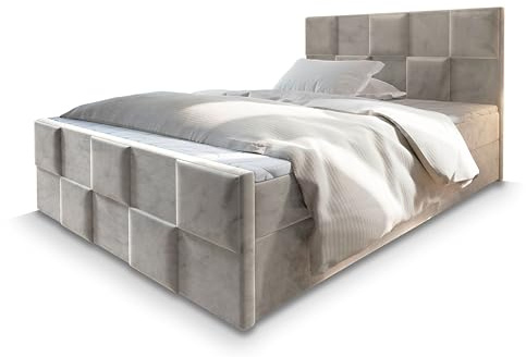 Masseno Boxspringbett Mona 180x200 cm Komplett-Set mit Matratze und Topper, Polsterbett mit Zwei Bettkästen -Beige, Paros 02