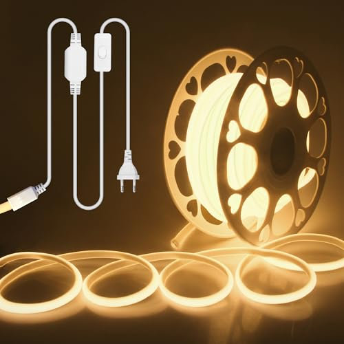ALITOVE LED Band 20M Aussenbereich Wasserdicht COB LED Streifen Warmweiss 3000K 230V Direktanschluss mit Schalter für Schlafzimmer Garten Terrasse DIY-Beleuchtung und Heimdekoration