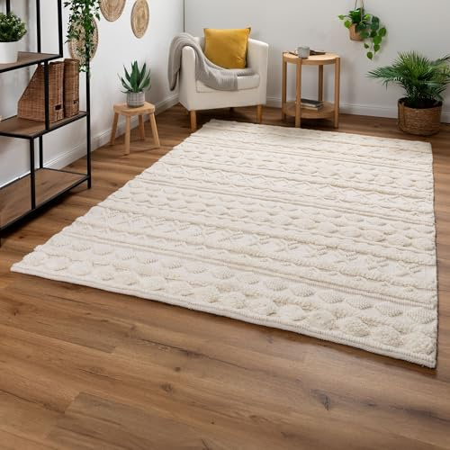 Steffensmeier Handweb Teppich Havana | Wolle, Weiß, handgewebt, Größe: 170x240 cm Wohnzimmer und Schlafzimmer