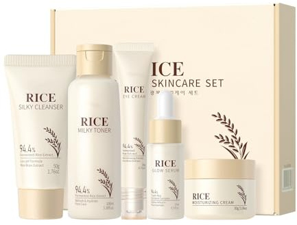 Moisturizing Korean Rice Skin Care Set – Radiance Skincare 5-Step Routine with Rice Cleanser, Toner, Serum, Face Cream, Eye Cream, Hyaluronic Acid & Ceramides for Glowing Skin, All Skin Types