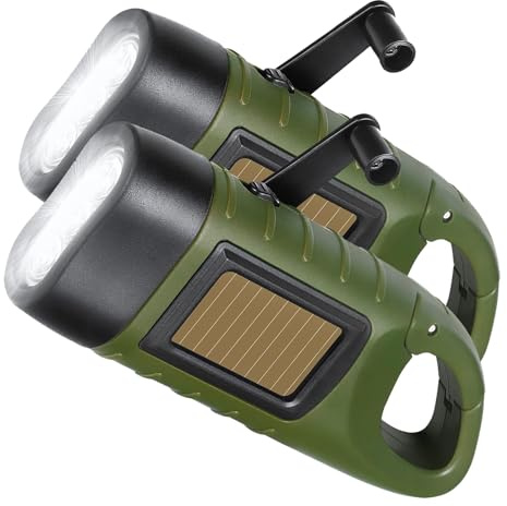 (2 Pack) Wind Up Torch, Emergency Hand Crank Solar Powered Flashlight | Rechargeable Dynamo Solar Flashlight for Camping Hiking, Green