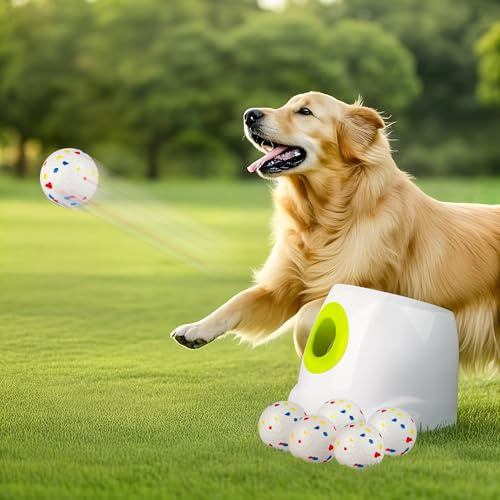 ALL FOR PAWS Lanzador Automático de Pelotas para Perros con 6PCS Pelotas EPTU de 2.5, Perros Medianos a Grandes, Juguete Interactivo de Buscar y Traer para Ejercicio Mental y Físico, Lanza Hasta 64ft