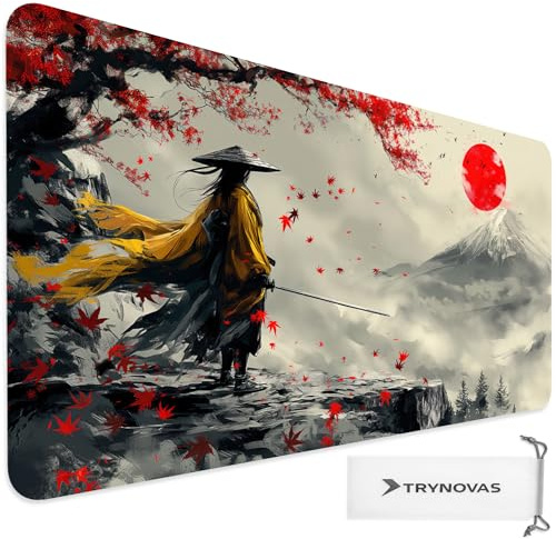 TRYNOVAS Mauspad XL 80×30 cm (3mm) – Japanischer Samurai vor Fuji & Roter Sonne – Gaming Desk Mat rutschfest, Genähte Ränder, Große Schreibtischunterlage für PC & Laptop
