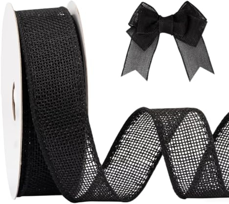 LIUYIDM Schwarz Schleifenband Juteband mit Draht Breite 2,5 cm x 18,2 m | SalbeiSchwarz Jute Geschenkband für Schleifen, für DIY-Bastelverpackungen, Geschenke und Blumenstraußdekoration