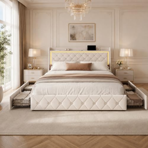 Polsterbett 140x200 cm Beige mit 4 Schubladen & LED-Kopfteil, USB/Type-C | Kopfteil mit Stauraum, Ladestation, Elegantes Samt Doppelbett aus weichem Samtstoff für Ihr modernes Schlafzimmer