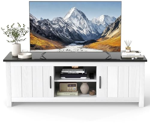 Multigot TV Cabinet for TVs up to 65”, 2-Door TV Stand Console Table with Open Storage Shelves & 2 Cable Management Holes, Wooden Media Entertainment Center for Living Room Bedroom (Black+White)