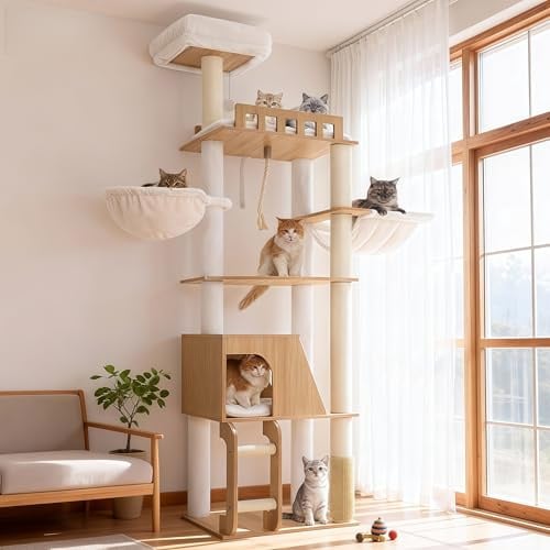 Hey-brother Holz Kratzbaum, 184 cm, mehrstöckiger, moderner Stil, MPJ121BT | Stabil Katzenbaum für mehrere Großkatze, Mit Grosse Plattformen, Korb, Katzenhöhle, Kämmmaschine und Leiter, Eichenweiß