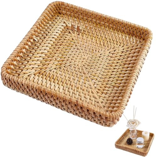 CRASPIRE Vassoio da Portata Quadrato in Rattan Vassoio in Vimini Intrecciato Marrone Stile Boho da Tavolo Scrivania Organizer Decorativo per Cassetti per Chiavi Frutta Cibo Casa Cucina Ristorante