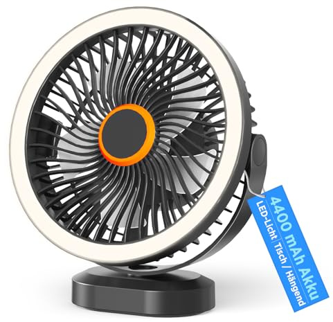 Lepwings Ventilador Portatil Silencioso 4-12H con Luz LED y Gancho Colgante | 4400 mAh Ventilador de Mesa USB, 8 Pulgadas, 3 Velocidades y 360° Base Giratoria para Oficina Dormitorio Camping.