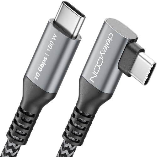 deleyCON 1m 100W 10 Gbps USB-C Câble Angle 90 Degrés (USB 3.2 Gen2) PD 3.0 Charge Liaison Données 4K@60Hz pour iPhone 17 16 15 Galaxy A16 A26 A56 S26 S25 S24 iPad SSD HDD MacBook PS5