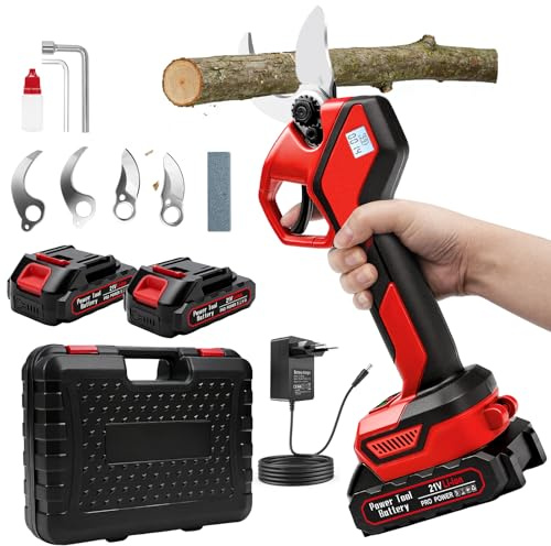 Sécateur électrique professionnel sans fil avec écran LCD, 2 batteries 2000 mAh 21 V, diamètre de coupe max. 40 mm, lames en acier SK5, pour branches et arbustes de jardin (Rot)