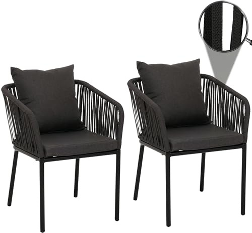 Mendler 2er-Set Gartenstuhl HWC-N41AM - anthrazit, Kissen dunkelgrau | Outdoor, Armlehne, wetterfest Aluminium, Seilgeflecht, Rope