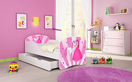 ACMA I Lit Enfant Bébé TIROIR Matelas sommier Gratuite Meubles pour Enfants (08 Princesse avec poney, 160 x 80 cm + tiroir)