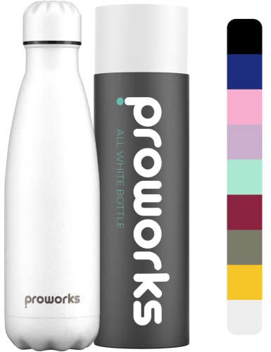 Proworks Edelstahl Trinkflasche | 24 Std. Kalt und 12 Std. Heiß - Premium Vakuum Wasserflasche - Perfekte Isolierflasche für Sport, Laufen, Fahrrad, Yoga, Wandern und Camping - 1 Liter - Alles Weiß
