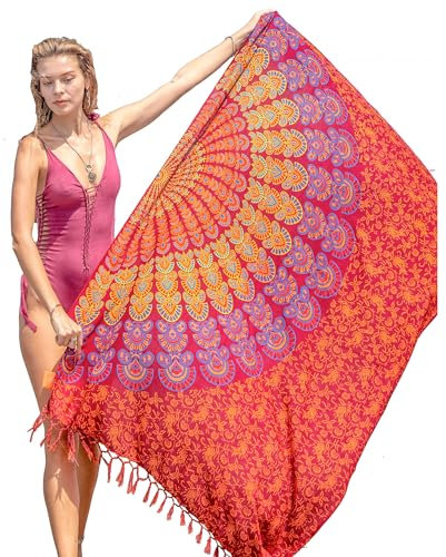 Mandala Life ART Rot Pareo Tuch Groß Mit Fringe Hochwertiger Rayon Strand Sarong Strandtuch Damen Wickeltuch Wickelrock Strandrock Tapisserie Wickeltuch Bikini Cover Up Tuch Für Badeanzug