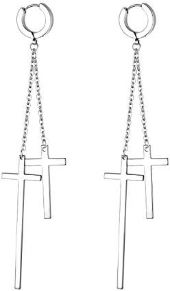 JewelryWe Schmuck Creolen Ohrringe mit doppelt Kreuz Kette Edelstahl Huggie Klapp-Creolen Ohrstecker Ohrhänger Ohr Manschette für Damen Herren Silber