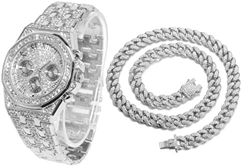 Halukakah Diamant Golduhr, Herren Platin Weiß Vergoldet 40MM Breite Römische Zahlen Wählen Quarz Armband 22cm mit Kubanischer Link Kette 45cm Halskette Set, mit Geschenkbox