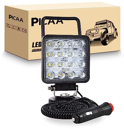 PICAA 1 pezzi 48W 4 Pollici Faro da lavoro a LED da con magnete base magnetica accendisigari faretti portatili a LED rotondi da per Auto Barca FUORI STRADA 4X4 SUV ATV UTV Camion 12V 24V