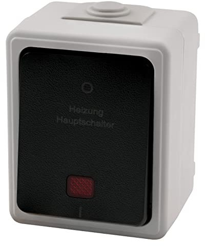 MC POWER - Feuchtraum Heizungs-Hauptschalter Aufputz I TAFF I 250V~/10A, IP44, AP, grauer Rahmen schwarzer Taster rotes Kontrolllicht