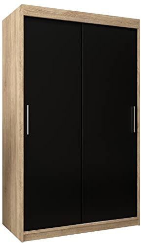 MEBLE KRYSPOL Tokyo 120 Kleiderschrank mit Zwei Schiebetüren für Schlafzimmer – moderner Aufbewahrungsschrank mit Kleiderstange und Regalen – 120x200x62cm - Sonoma + Mattschwarz
