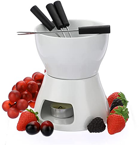 BSTKEY Ceramic Butter Chocolate Fondue Pot, Home Tea Light Candle Fondue Set 400ml with 4 Forks for Chocolate or Cheese, White