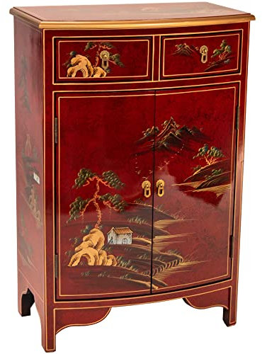 ORIENTAL Furniture Red Lantern Handgefertigter Lack-Aufbewahrungsschrank, Rot mit handbemalter chinesischer Landschaft