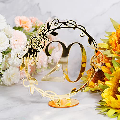 Bebester 20Pcs Gold Acrylic Table Numbers Lace Table Numbers with Stands Holder Base Elegant Mirror Table Numbers for Wedding Party Event Catering