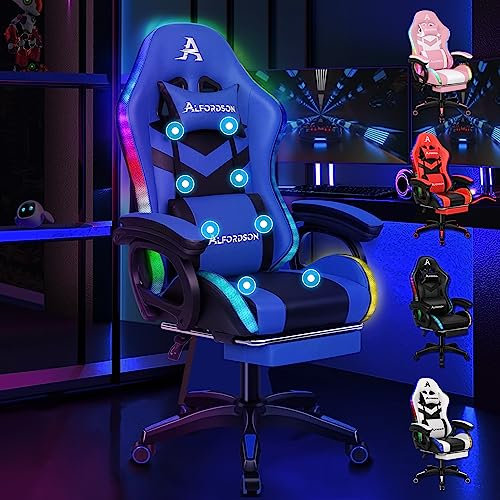 ALFORDSON Gaming Stuhl mit 8-Punkt Massage 12 Farben RGB LED-Licht, Bürostuhl Ergonomisch mit fußstützen, Kopfstütze Lendenkissen für Kinder Erwachsene, Blau