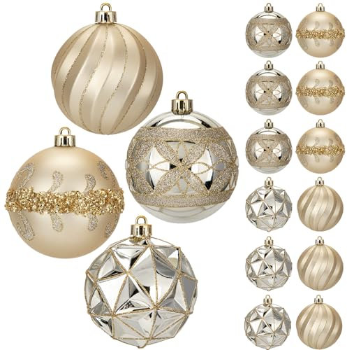 Hollyone 12PCS Christmas Baubles Xmas Ball Oranment, 80MM/3.1'' Champagne Gold Christmas Balls for Tree Decorations, Gold-edged Xmas Hanging Ornaments with Strings for Holiday, Party, Wedding Decor