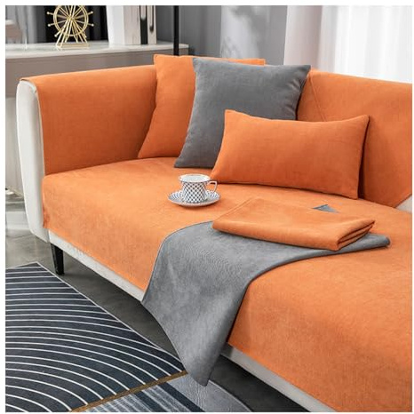 Tauzveok Sofabezug rutschfeste, Sofa überzug 3 sitzer, Für L Shape Eck 3 2 4 Sitzer Sofaüberzug, Hund Katze Sofaschoner, Chenille sofadecken für sitzfläche,Orange,90 * 180cm