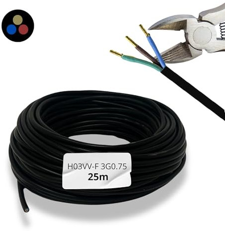 HALOTEC 25 metros Cable electrico 3 hilos 3x0.75 | Cable para Extensiones H03VV-F | Cable Instalación | Cable corriente | PVC | Negro | Cable Manguera Redonda | Cable tres hilos