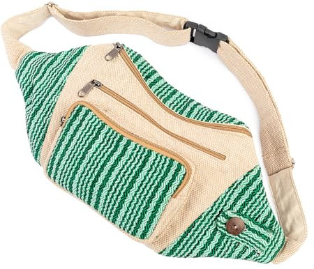 Freakmandu Umweltfreundliche Bauchtasche im Boho-Hippie-Stil, Hanftasche, zum Wandern, Laufen, Joggen, Weiß, Grün gestreift, Adjustable Size, Hüfttaschen