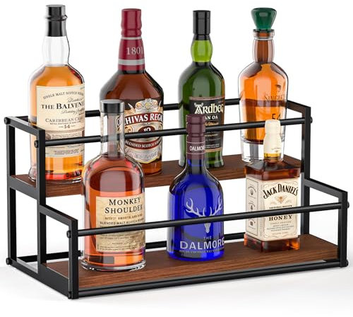 THYGIFTREE Liquor Bottle Display Shelf - 2 Tier Bar Shelf Stand with Wine Rack for Whiskey & Liquor Organizer
