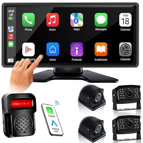 RV Backup Camera System with Carplay Android Auto, 10.36 Touch Quad Split Monitor + 1080P 4 Channel Cam with Mirror Link FM DVR Recording Night Vision Waterproof for RV Trailer Camper Truck