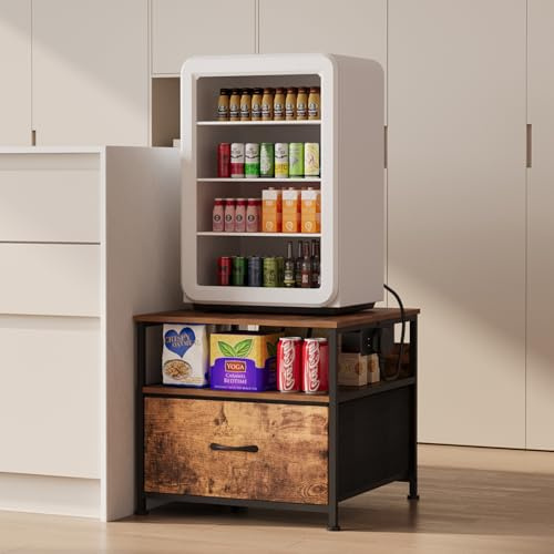 Unionly Mini Fridge Stand with drawer Storage,shelf & Power Outlet | 180lb Mini Fridge Table with Charging Station,Heavy duty small refrigerator shelf,white end table for Living Room,Kitchen