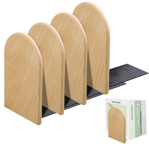 WANDGU 2 Paire Serre-Livres en Bois: 13×8cm Serre Livres en Bois de Hêtre, Bookends Robustes, Serre-Livres Décoratifs pour Étagères, Serre-Livre Bloc Livre, Base Métallique Antidérapante pour Maison