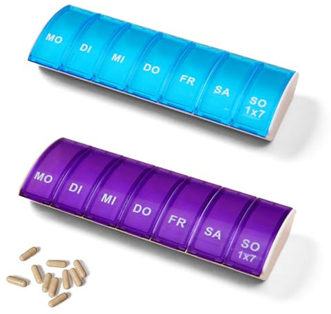 2 Stück Tablettenbox 7 Tage Klein,Pillendose 7 Tage Leicht zu Öffnen,Tablettenbox Anabox 7 Tage Transparent,Tablettendose Klein für Unterwegs,Medikamentendose für Senior&Kinder,Medikamentenbox 7 Tage