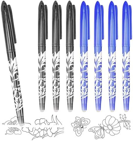 Solbrezeni 8 Erasable Pens, 0.5mm Erasable Gel Pens, Eraser Pen with Rubber, Friction Pen with Rubbers on the End, 4 Blue+ 4 Black, for Kids Adult School Office Supplies