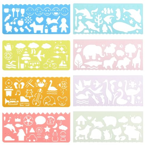 8 Stück Malschablonen Kinder,Tiere Schablonen Kinder DIY Kreative Kunststoff Schablonen Kinders,15 cm Zeichenlineal mit Graduierungen Lineal für Jungen Mädchen zum Zeichnen Längenmessen