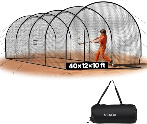 VEVOR Baseball Batting Cage, 40.0 x 12.1 x 10.0 FT Fiberglass Portable Batting Cage, Hitting Cages with 4-Ply Knotless Polyester & Pitching Machine Opening, Battings Cages Netting for Indoor Outdoor