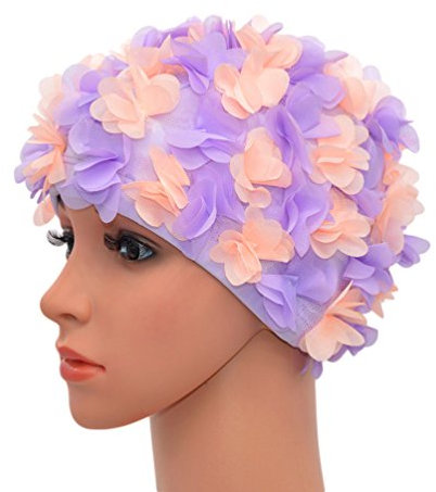 Medifier Cuffia da donna in stile rétro con petali floreali, ideale per piscina (Viola con accenti rosa)