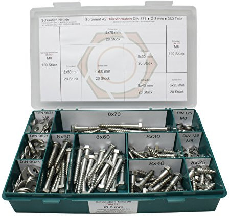 Sortiment DIN 571 Edelstahl A2 Schlüsselschrauben Durchmesser 8,0 mm, 360 Teile ; Sechskant/Holzschrauben inc. Scheiben, Material VA V2A
