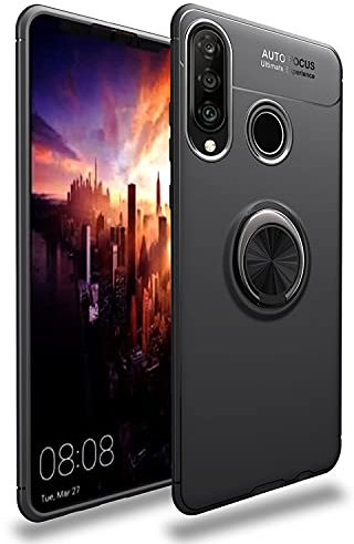 NALIA Ring Hülle kompatibel mit Huawei P30 Lite, Magnetische Silikon Handyhülle für KFZ-Halterung 360-Grad Finger-Halter, Dünnes Kickstand Cover Schutzhülle Ständer Case Slim Etui Bumper - Schwarz