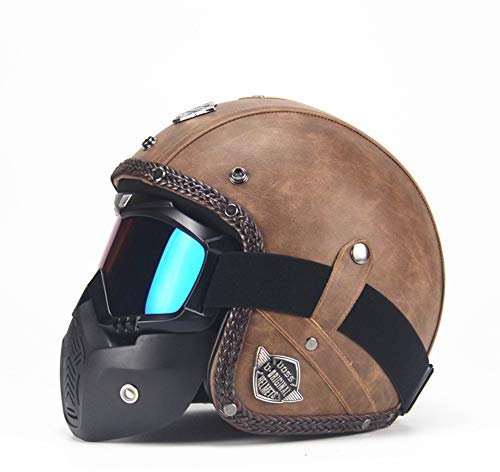 CARACHOME Vintage Casque De Moto avec des Lunettes De Protection, Casque Moto Cross Coupe-Vent Et Anti-Sable,Casque Jet Adapté Au Moto Scooter Cruisers,Brown,M