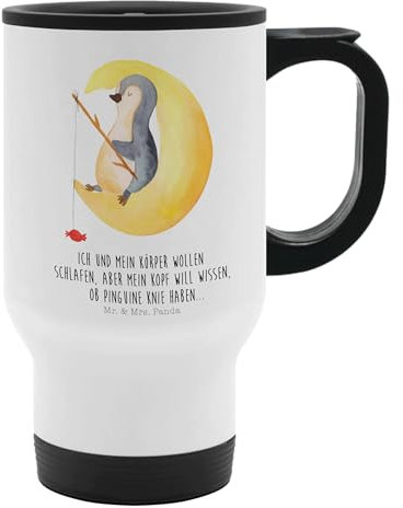 Mr. & Mrs. Panda Thermobecher Pinguin Mond - Geschenk, Schlafstörungen, Pinguine, Kaffeetasse zum Mitnehmen, Thermobecher To Go, Tasse mit Deckel,
