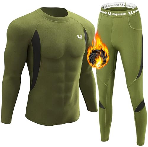 UNIQUEBELLA Mens Thermal Underwear Set Long Sleeve Tops Long Johns Thermal Base Layer Bottom Fleece Lined Quick Drying, Green 1, M